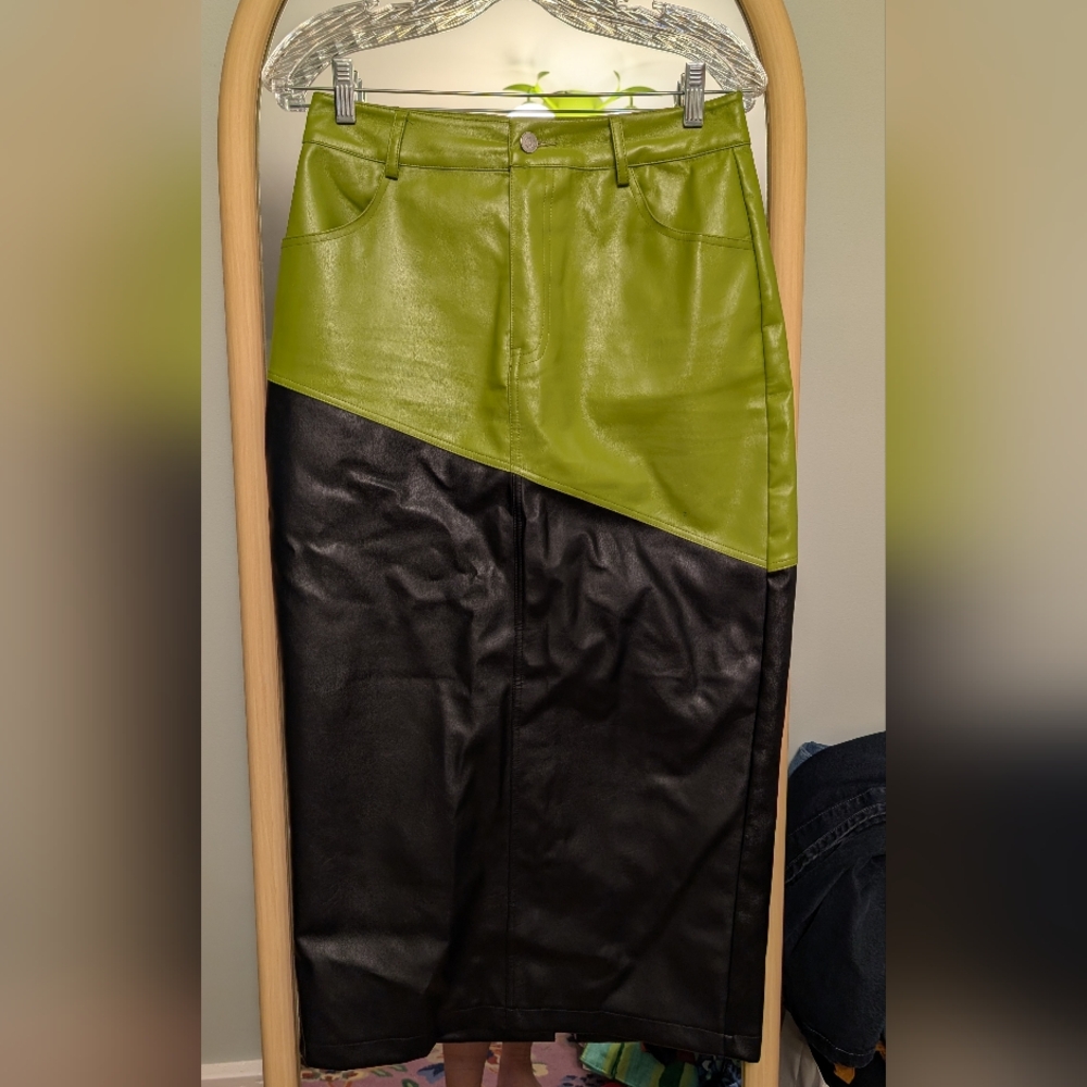 Green and Black Leather Skirt